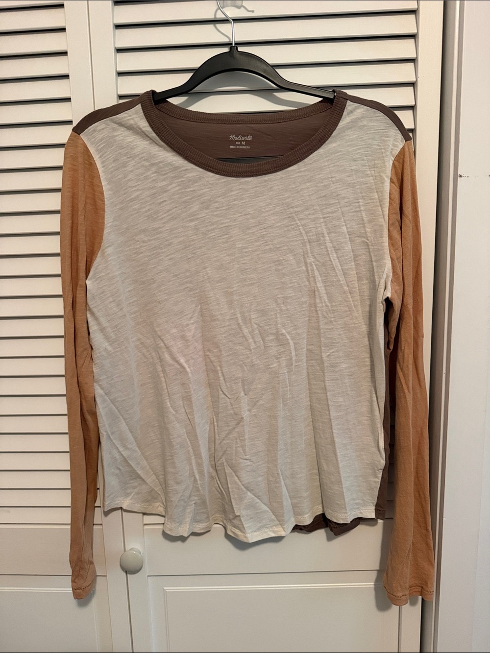 Madewell Cream Front Colorblock Long-Sleeve Tee with Brown Trim and Tan Sleeves